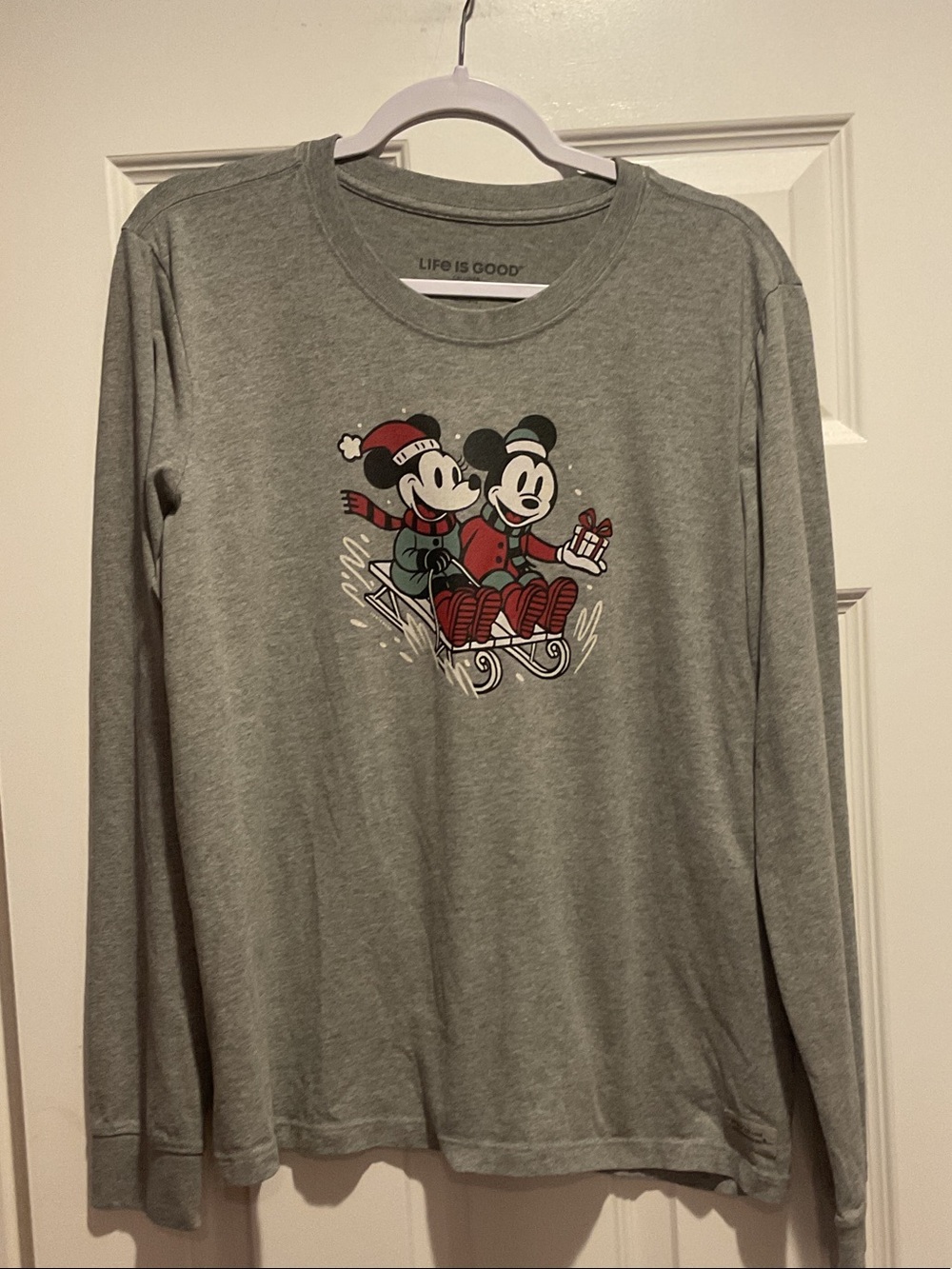Life Is Good Gray Mickey & Minnie Sledding Holiday Tee